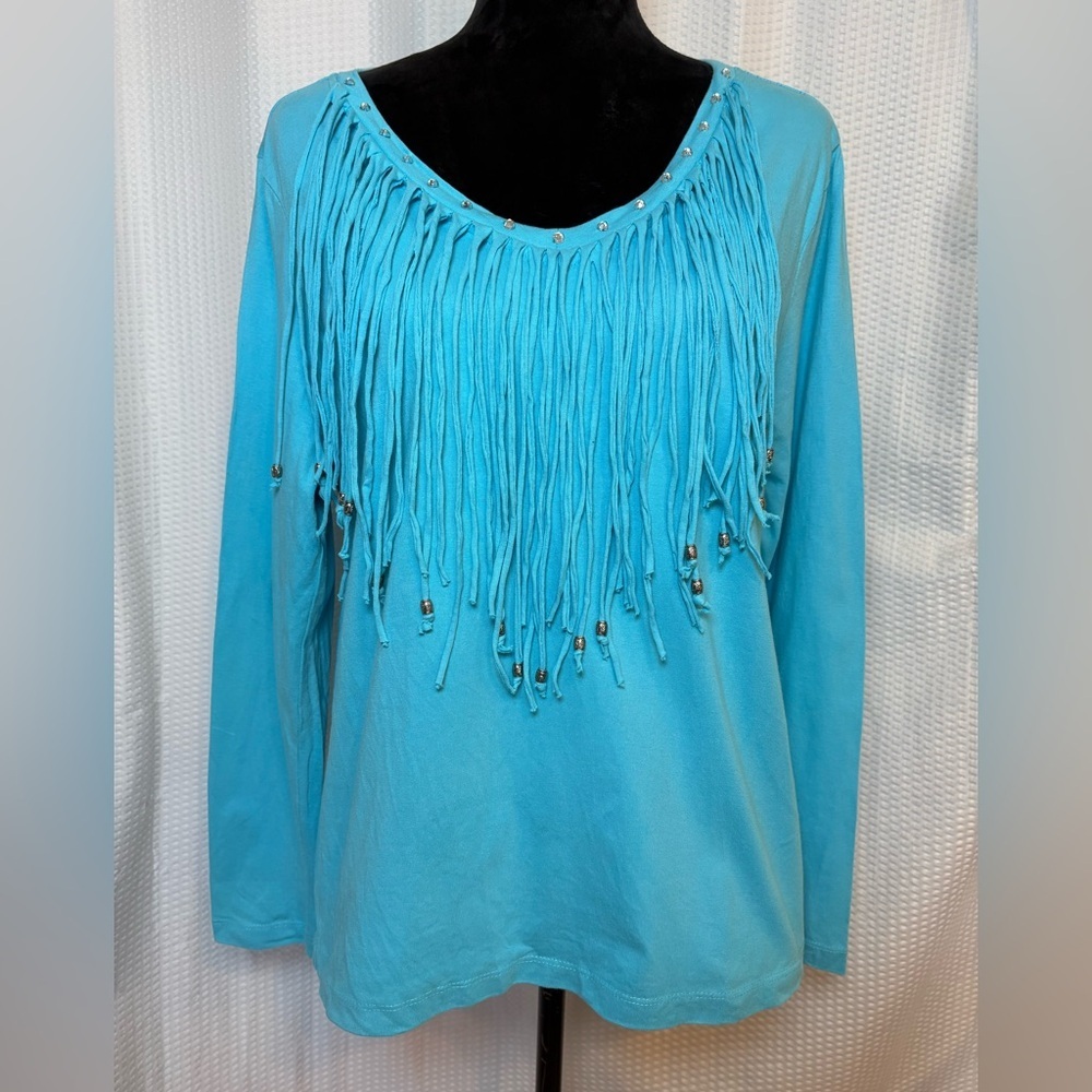 Back In The Saddle 100% cotton turquoise fringe beaded v-neck long sleeve top L